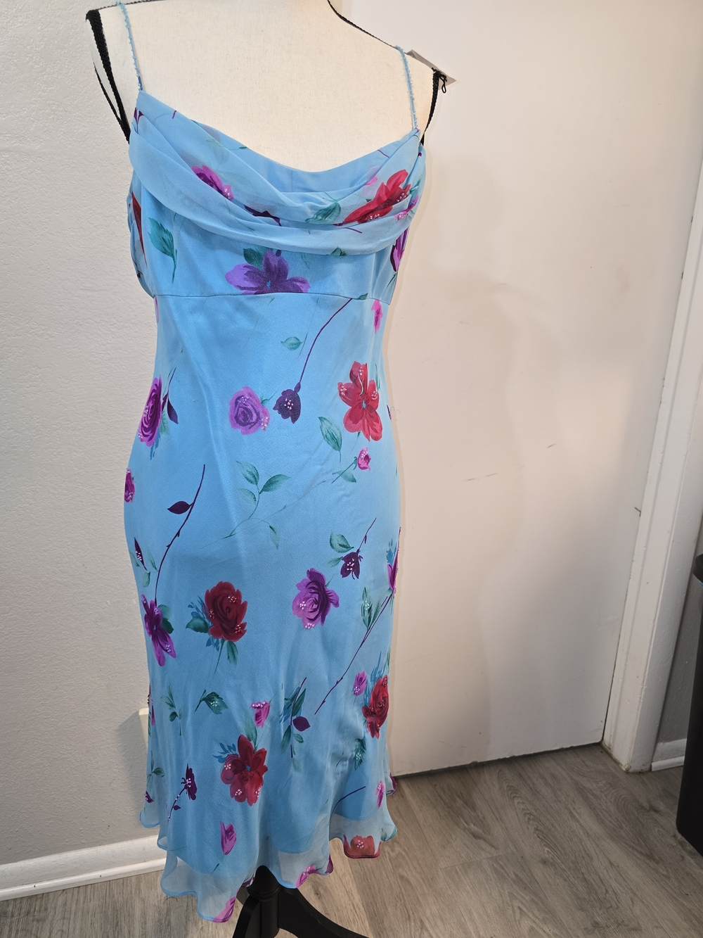 Blue Floral Slip Dress with Cowl Neck